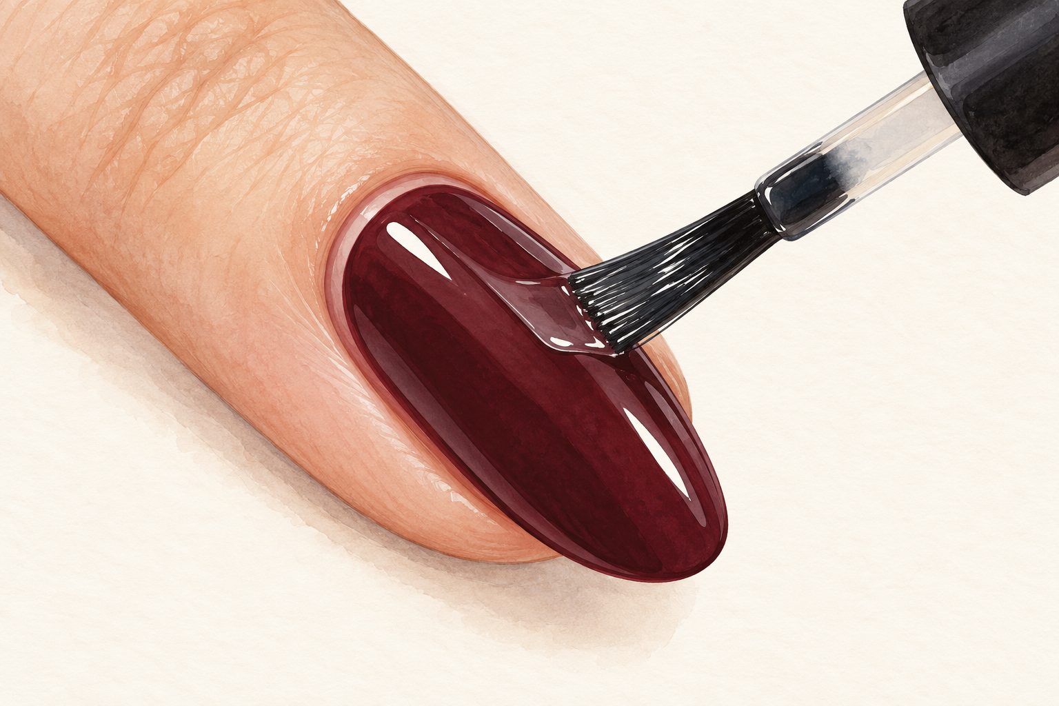 A brush lays a thin clear topcoat over a dark-wine nail.