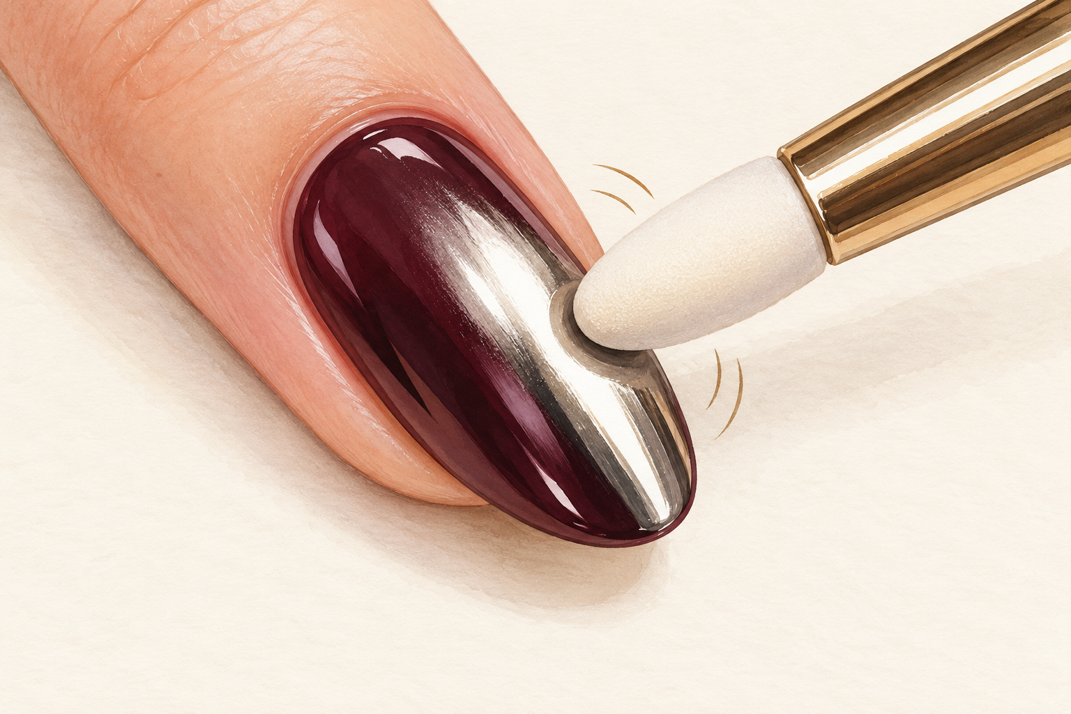 A silicone applicator burnishes reflective silver chrome over a dark nail in small circles.
