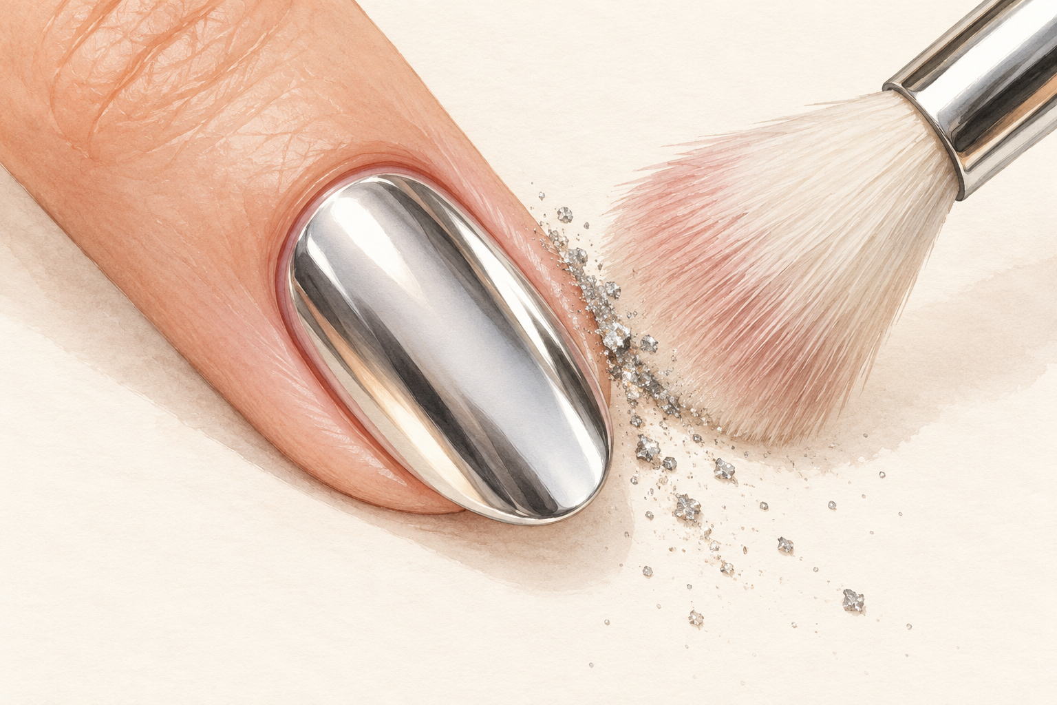A soft brush sweeps loose chrome powder from the skin beside a silver nail.