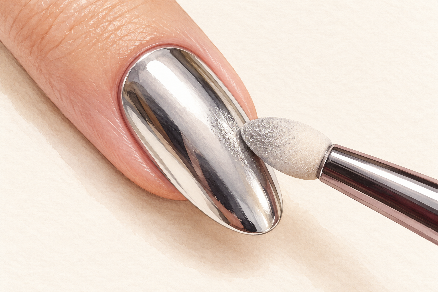 A silicone applicator dabs chrome powder onto a small dull streak on a silver nail.