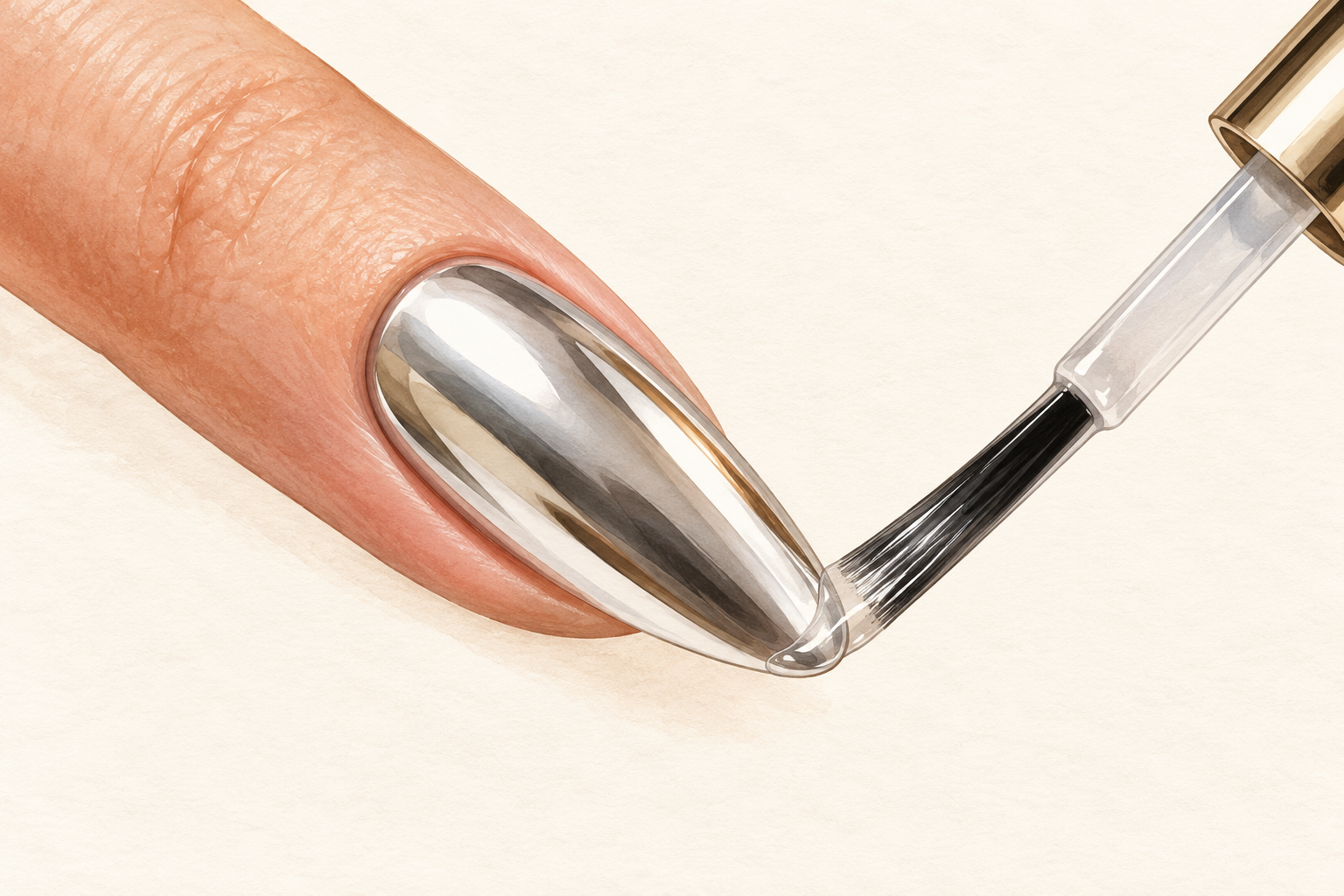 A clear top coat seals a silver chrome nail and caps its free edge.