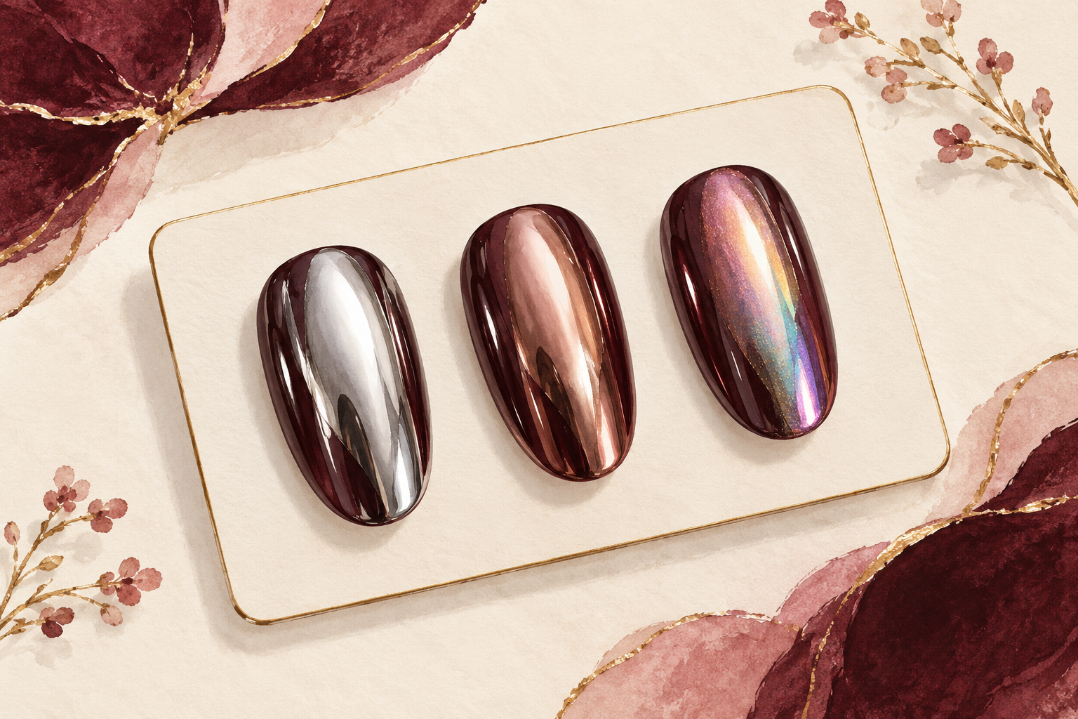 Three nail tips display silver, rose-gold, and subtle rainbow chrome over a dark base.