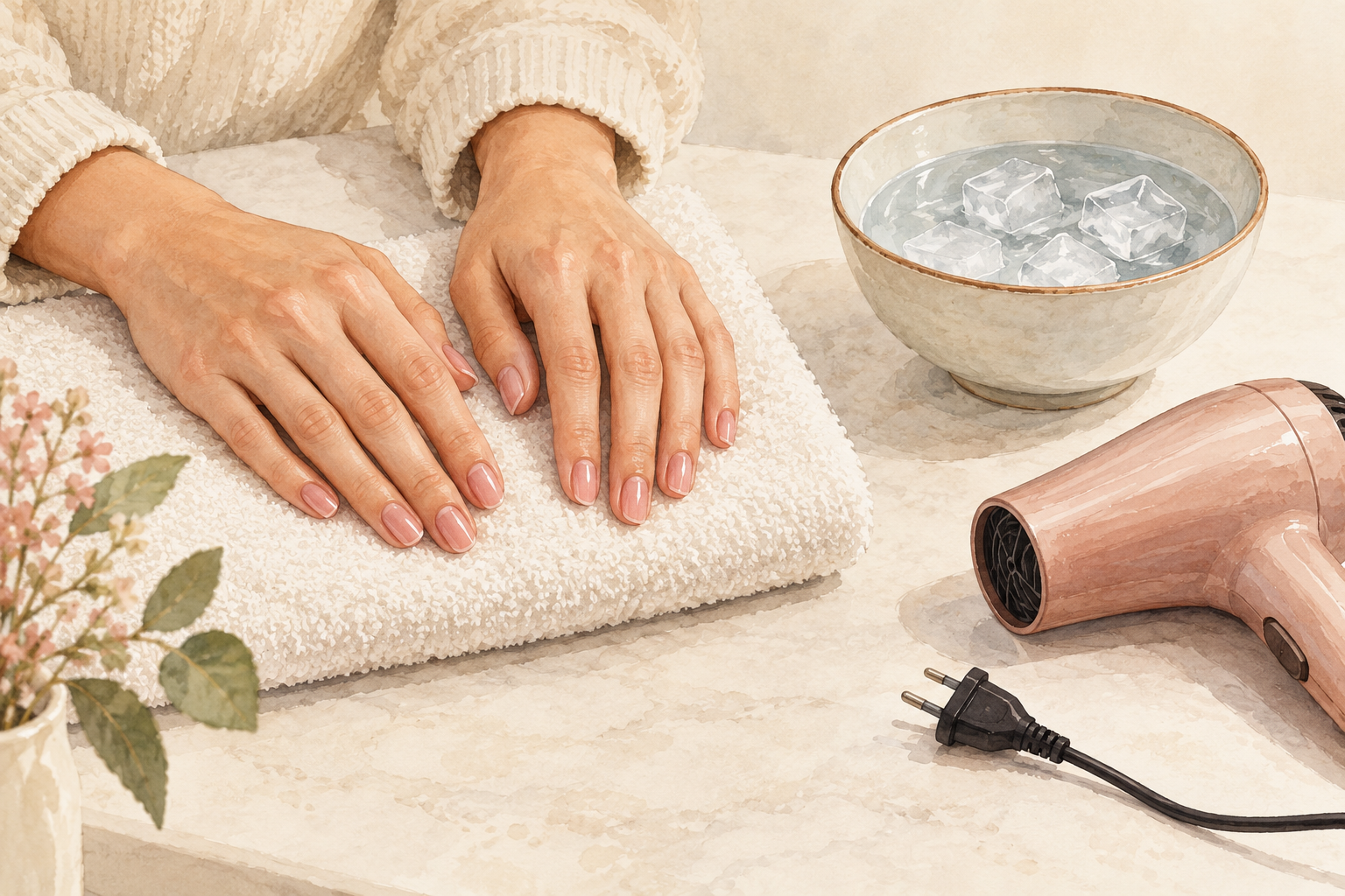 Freshly polished hands rest at room temperature beside an unused ice-water bowl and unplugged hairdryer.