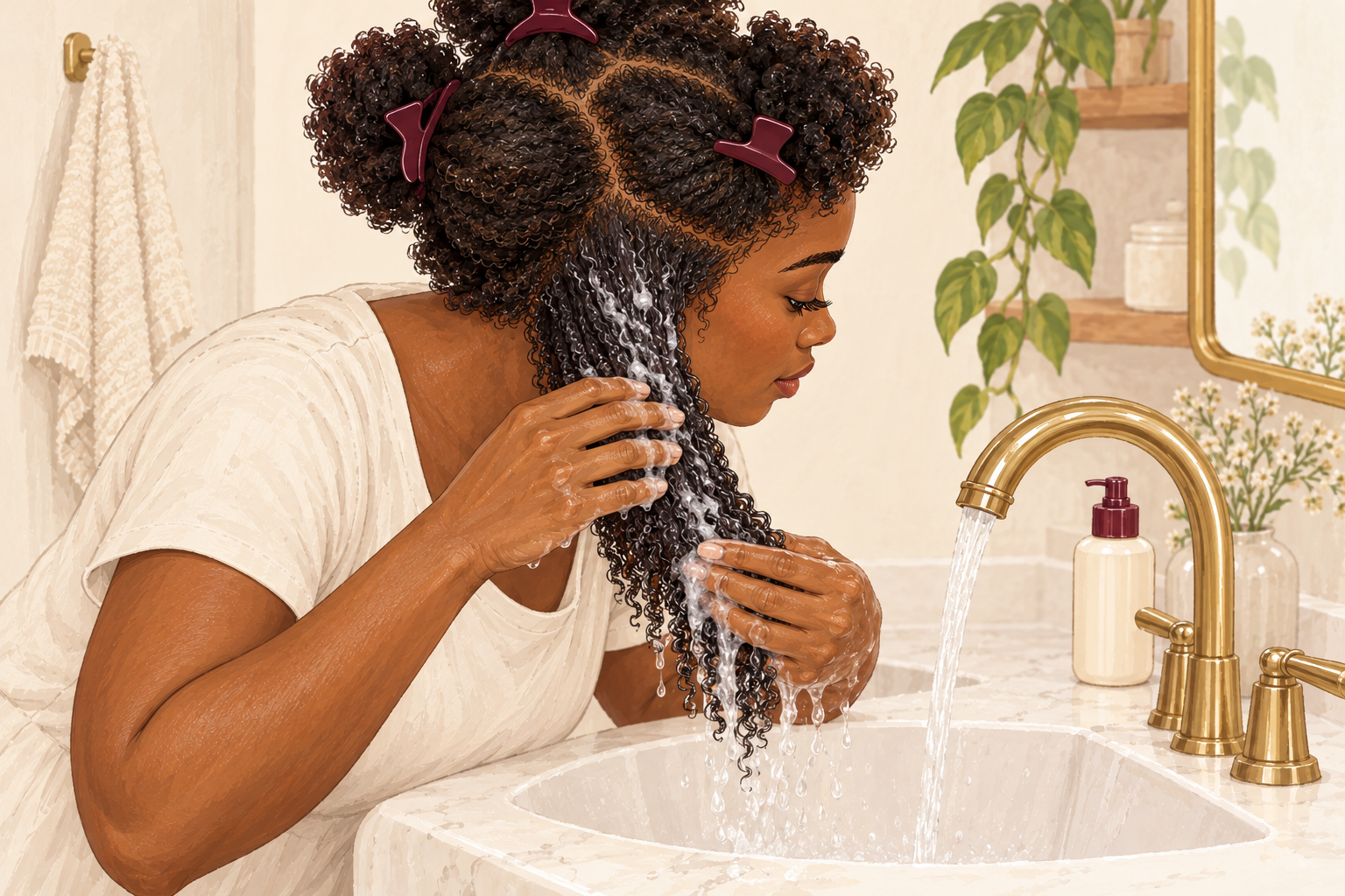 A fully clothed woman rinses a natural hair section at a sink, guiding water through it with her fingers.