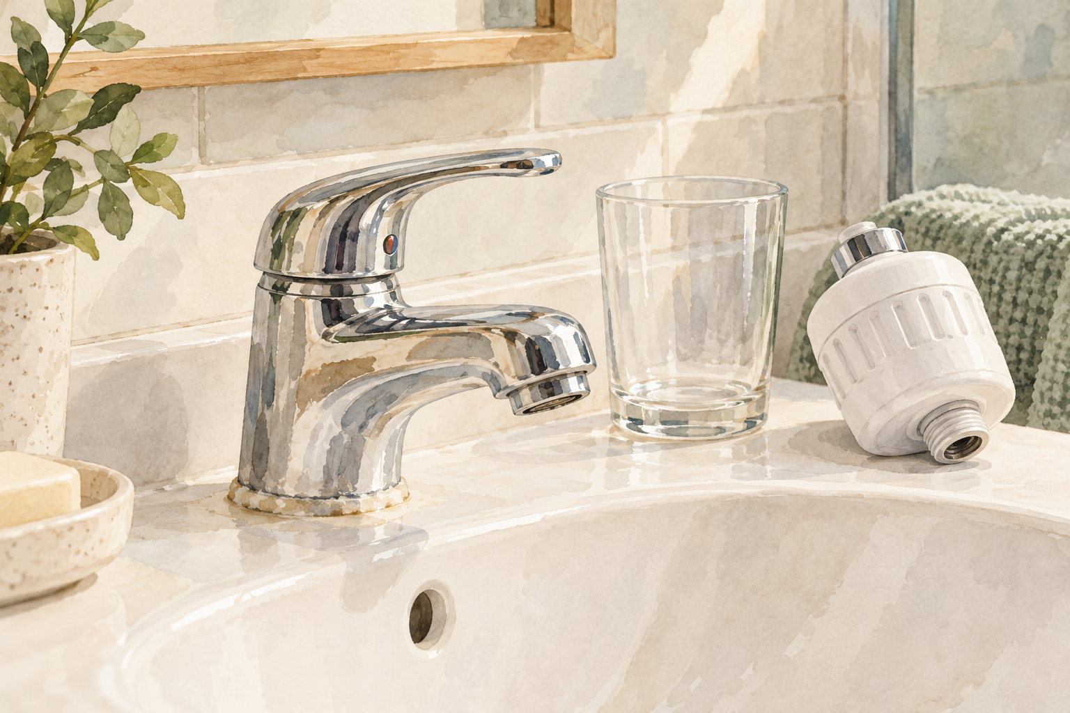 A bathroom tap has a small pale mineral ring at its base beside a clean glass and an unbranded shower filter.