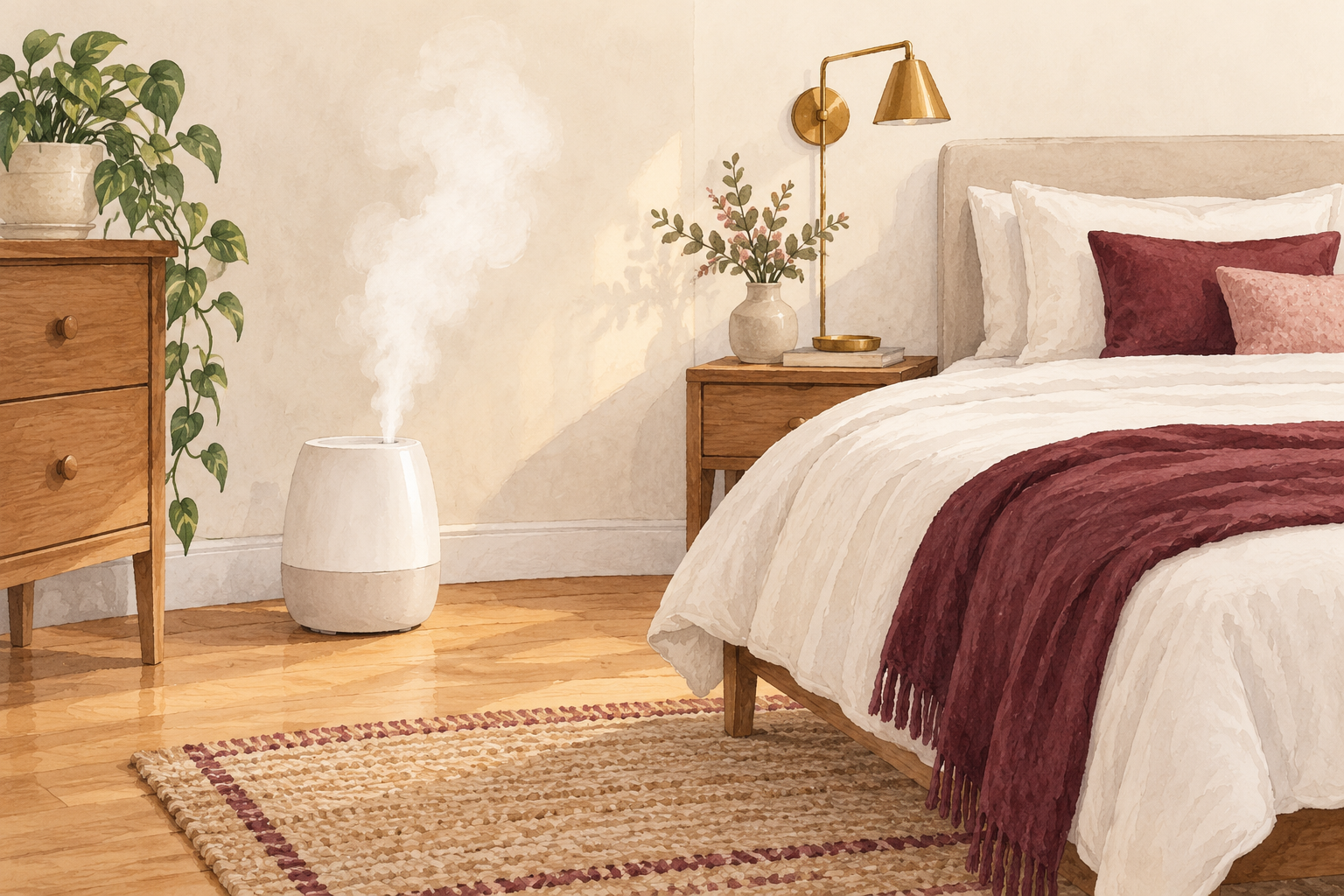 A compact humidifier runs several feet from a neatly made bed in a calm bedroom.
