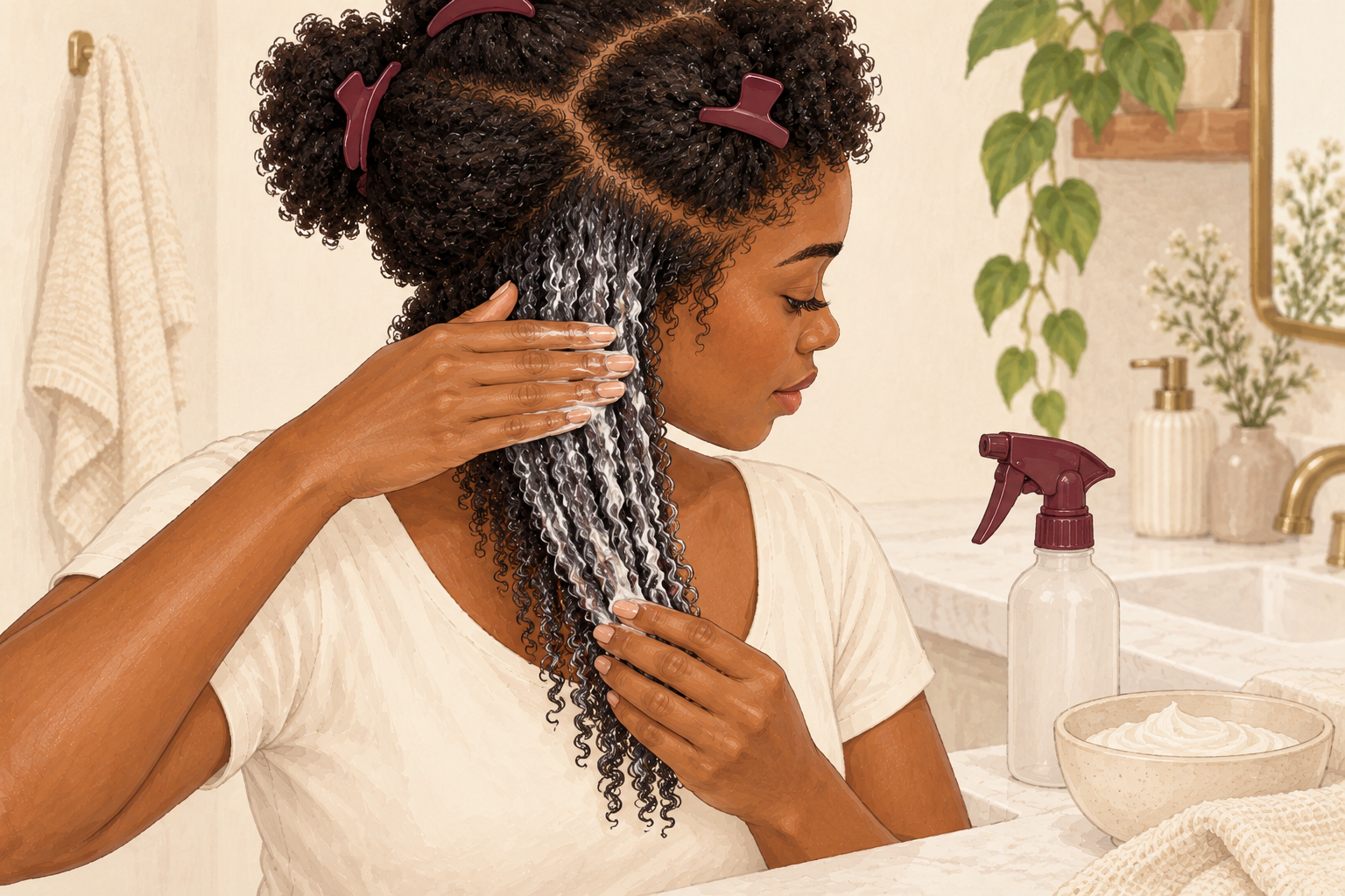A hand spreads creamy conditioner through a damp section of coily hair, with a spray bottle nearby.