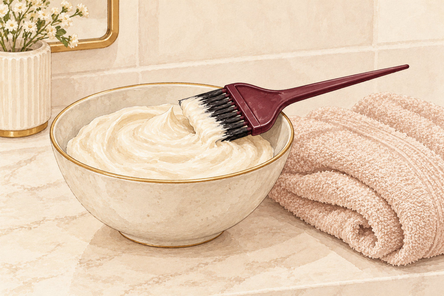 A bowl of creamy hair mask with an application brush and folded warm towel.