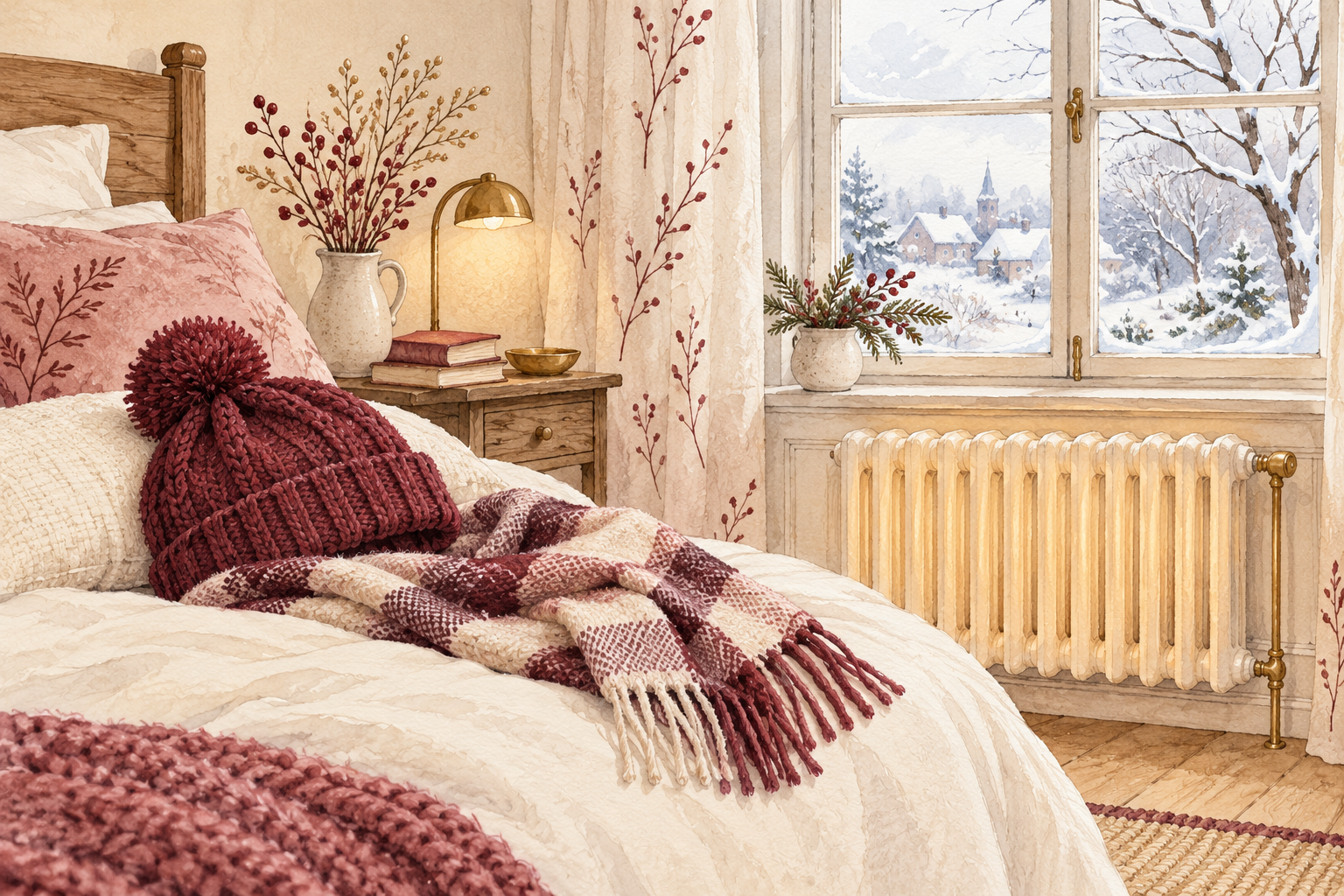A knitted hat and scarf rest near a winter window above a radiator.