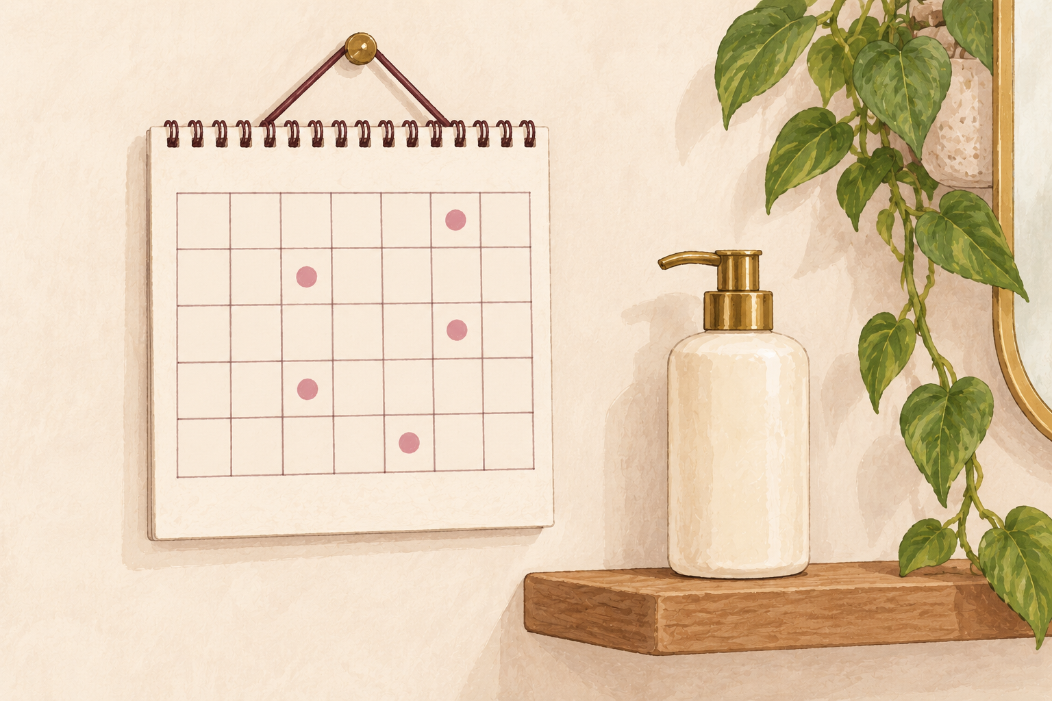 An illustrated calendar with wash-day dots beside an unlabelled shampoo bottle.