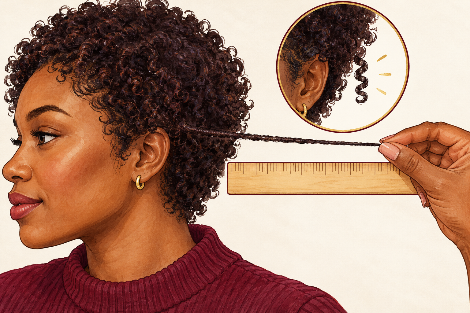 One hand gently stretches a narrow coiled section beside a numberless ruler; an inset shows a released curl.
