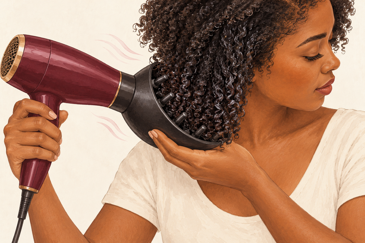 A bowl-shaped diffuser gently cups a mass of curly hair from below.