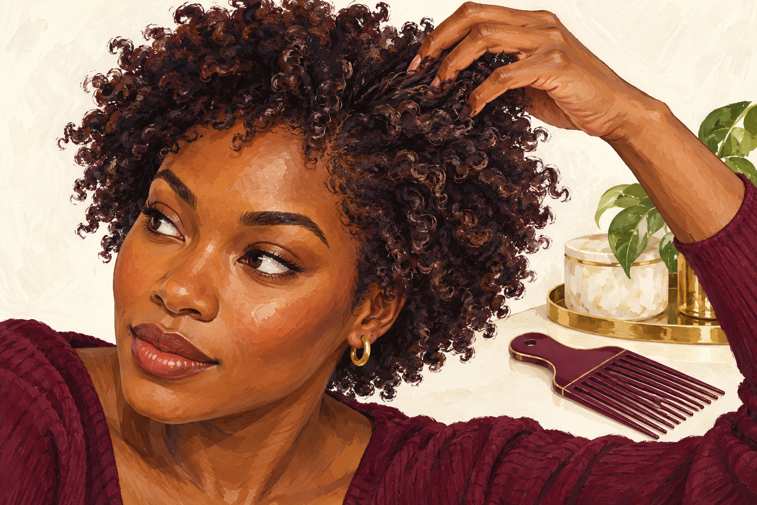 Fingertips lift the roots of short coils with a wide pick resting nearby.