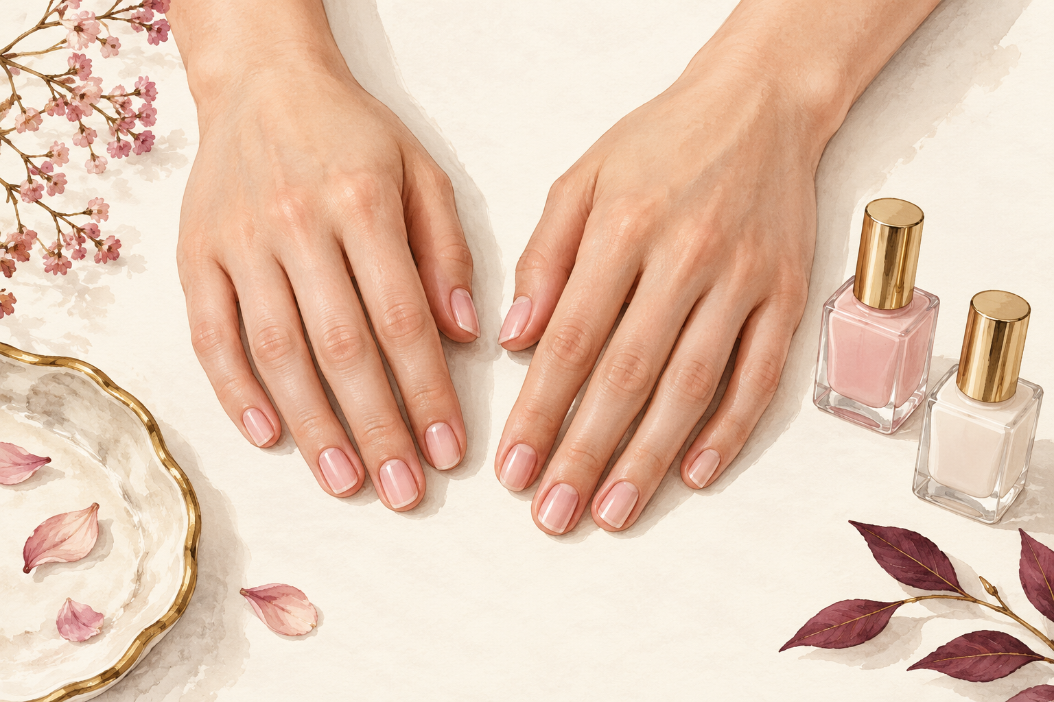 Two adult hands show ten short rounded or squoval nails beside sheer-pink and milky polish bottles.