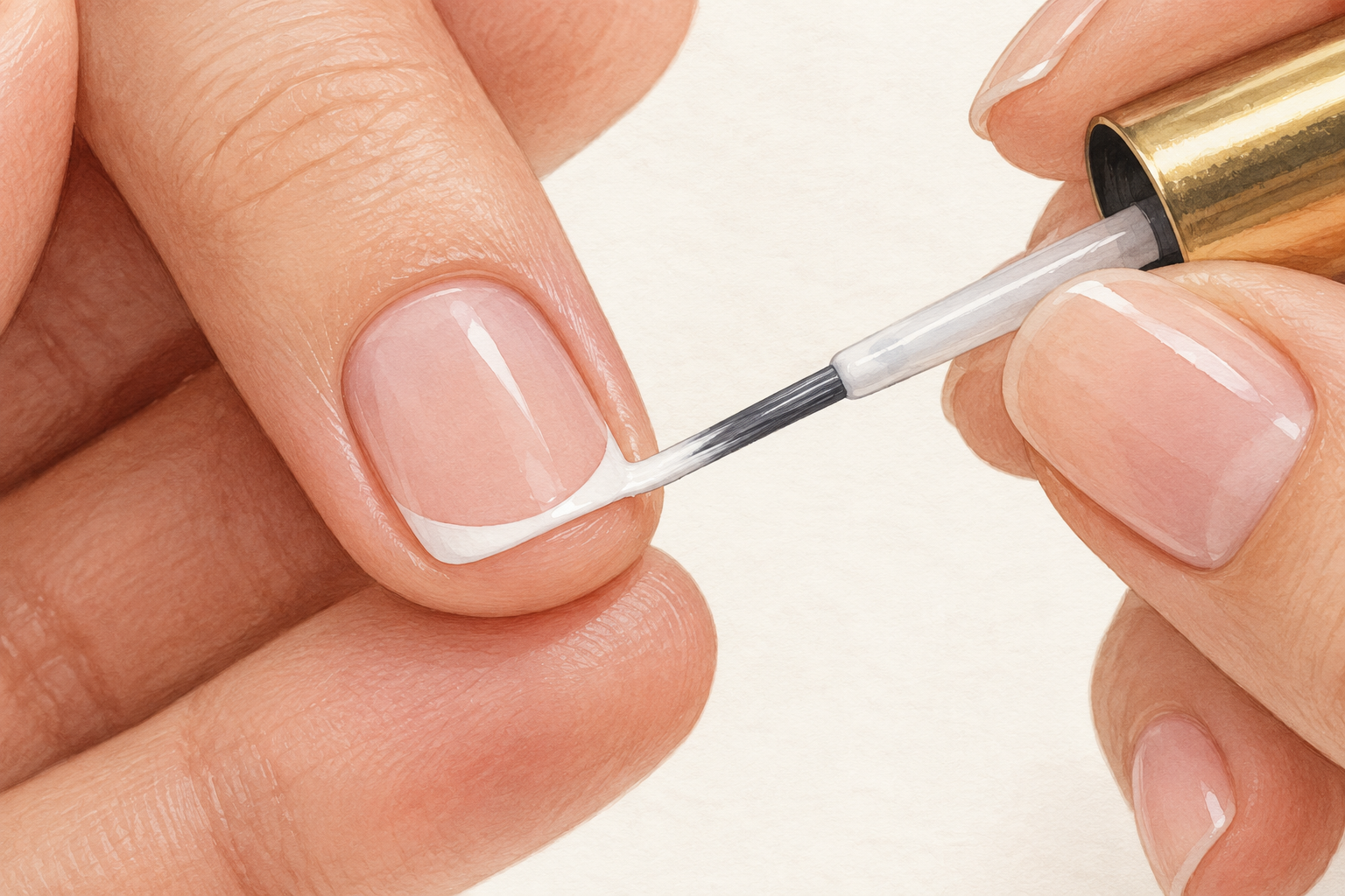 A fine brush paints a narrow white smile line from the side toward the center of a natural nail.