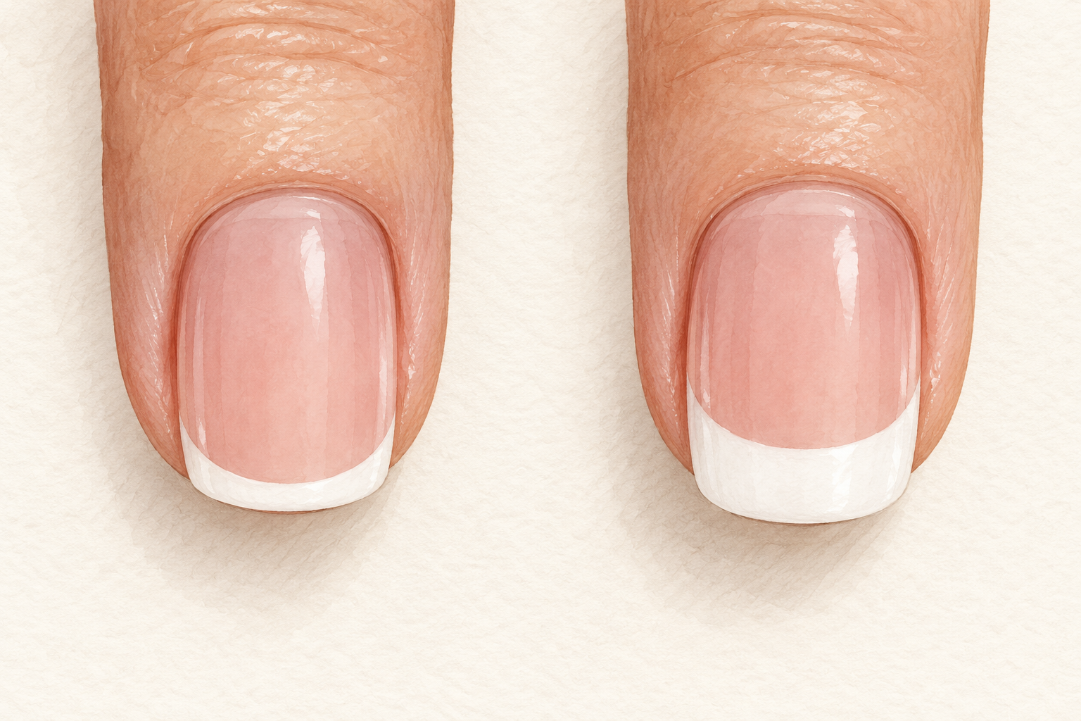 Two French tips compare a slim white band with a visibly too-deep broad white band.