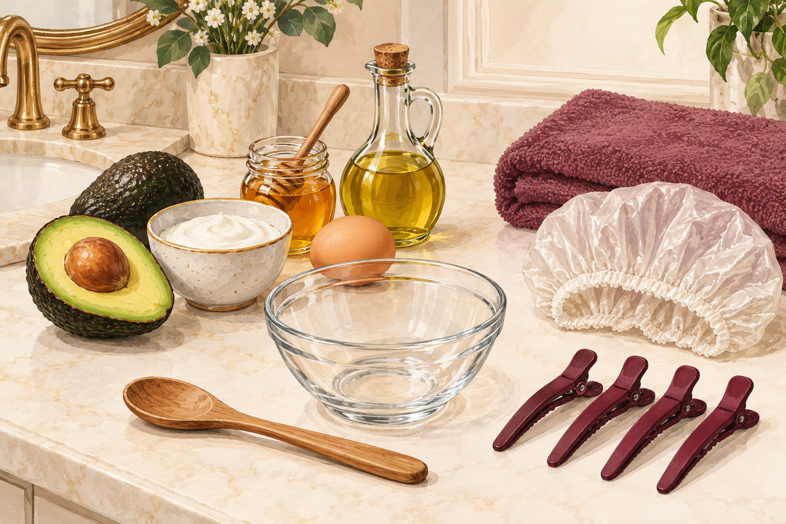 A clean bowl, wooden spoon, clips, shower cap, towel and fresh mask ingredients are arranged on a counter.