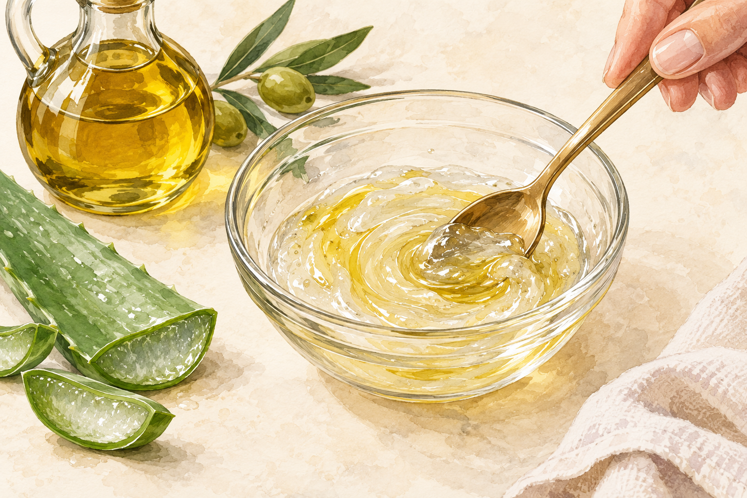 A spoon stirs clear aloe gel and olive oil together in a small bowl.