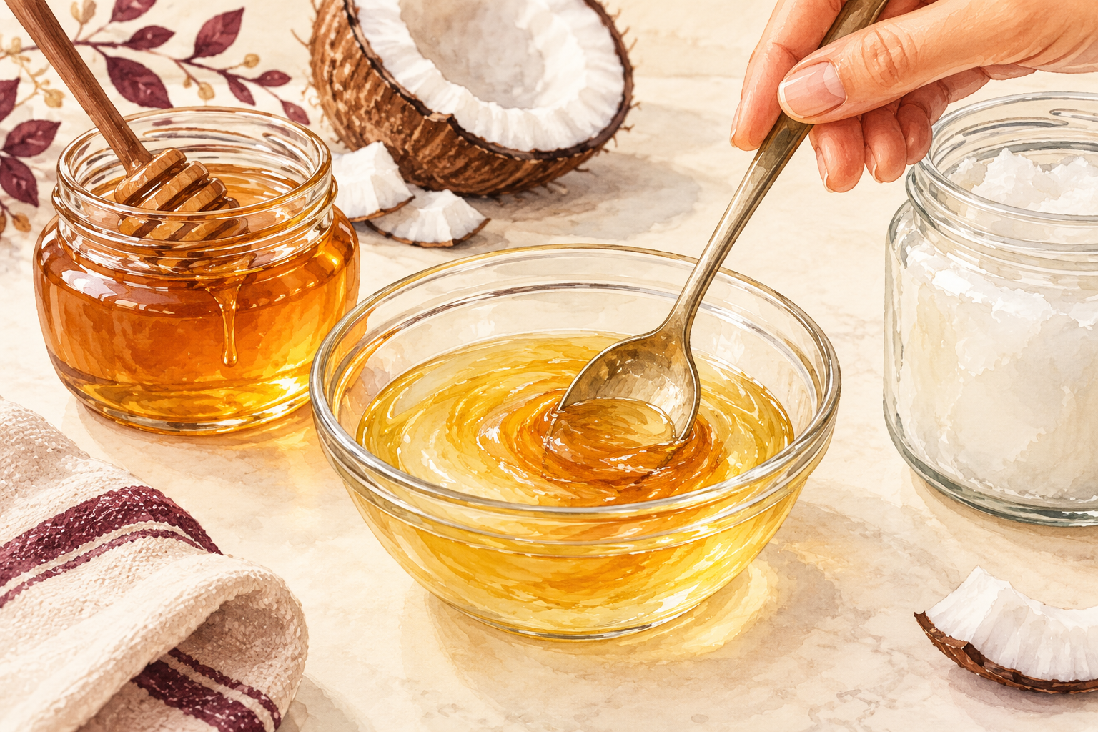 Honey is stirred into coconut oil in a small bowl.