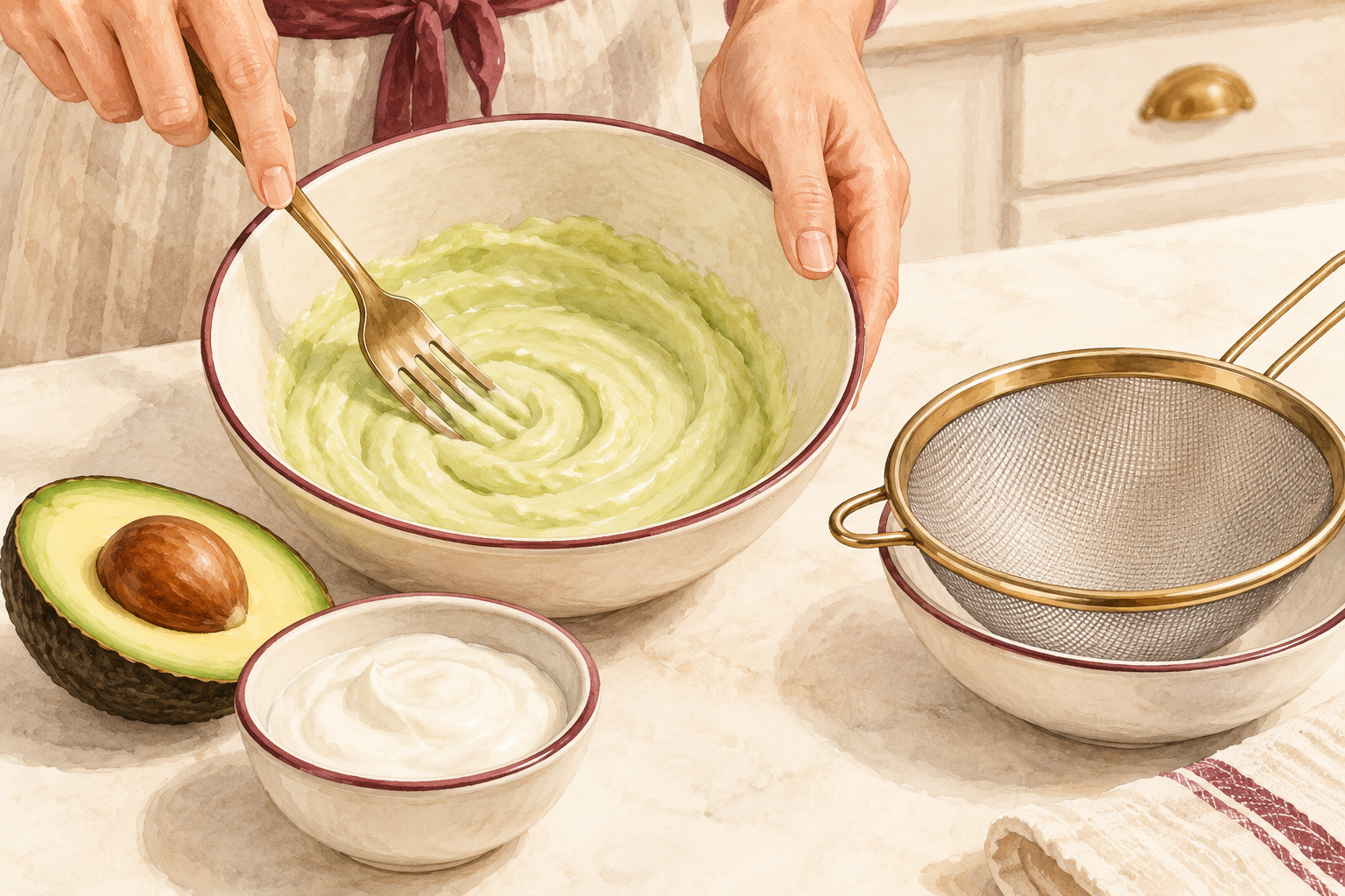 Ripe avocado is mashed with plain yogurt in a bowl beside a small sieve.