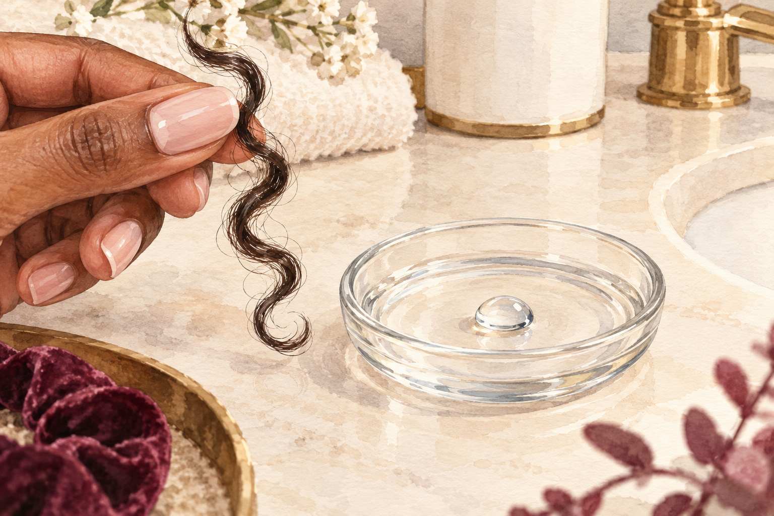 A hand holds one loose curl beside a clear water drop on a small glass dish.