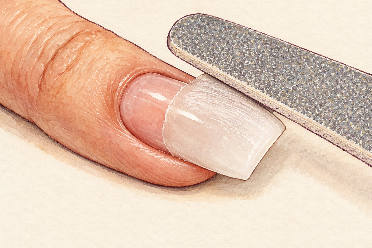 A coarse file makes a flat pass over the acrylic surface, away from skin and the pink natural nail plate.