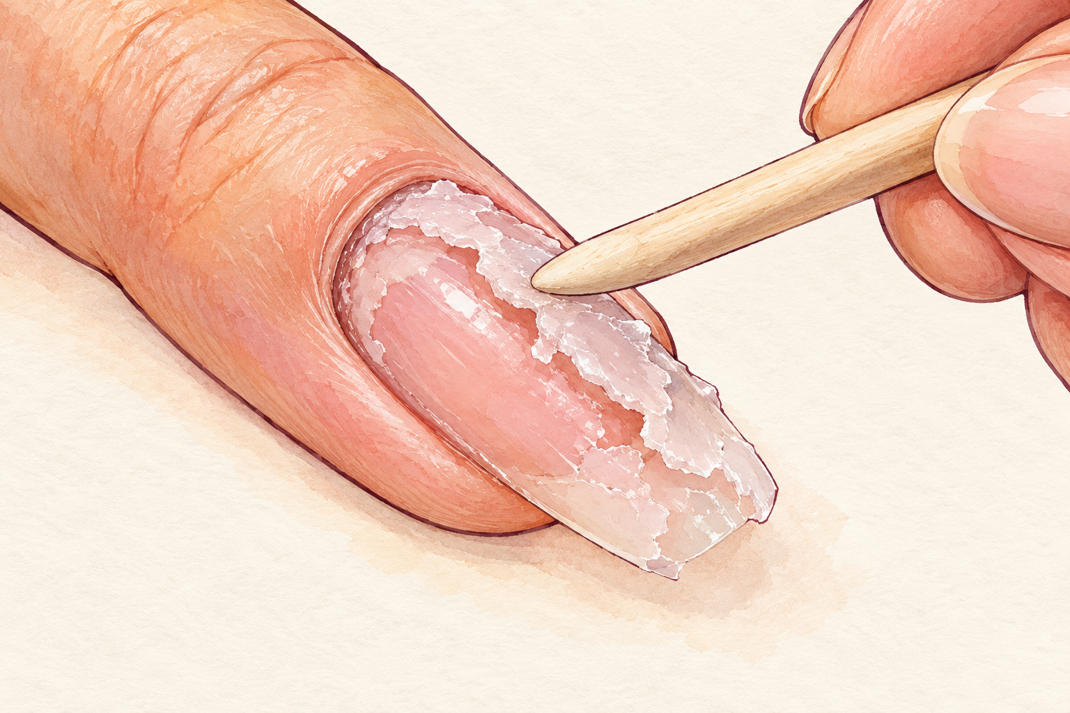 A blunt orange stick gently nudges softened acrylic film toward the free edge while the pink natural nail remains intact.