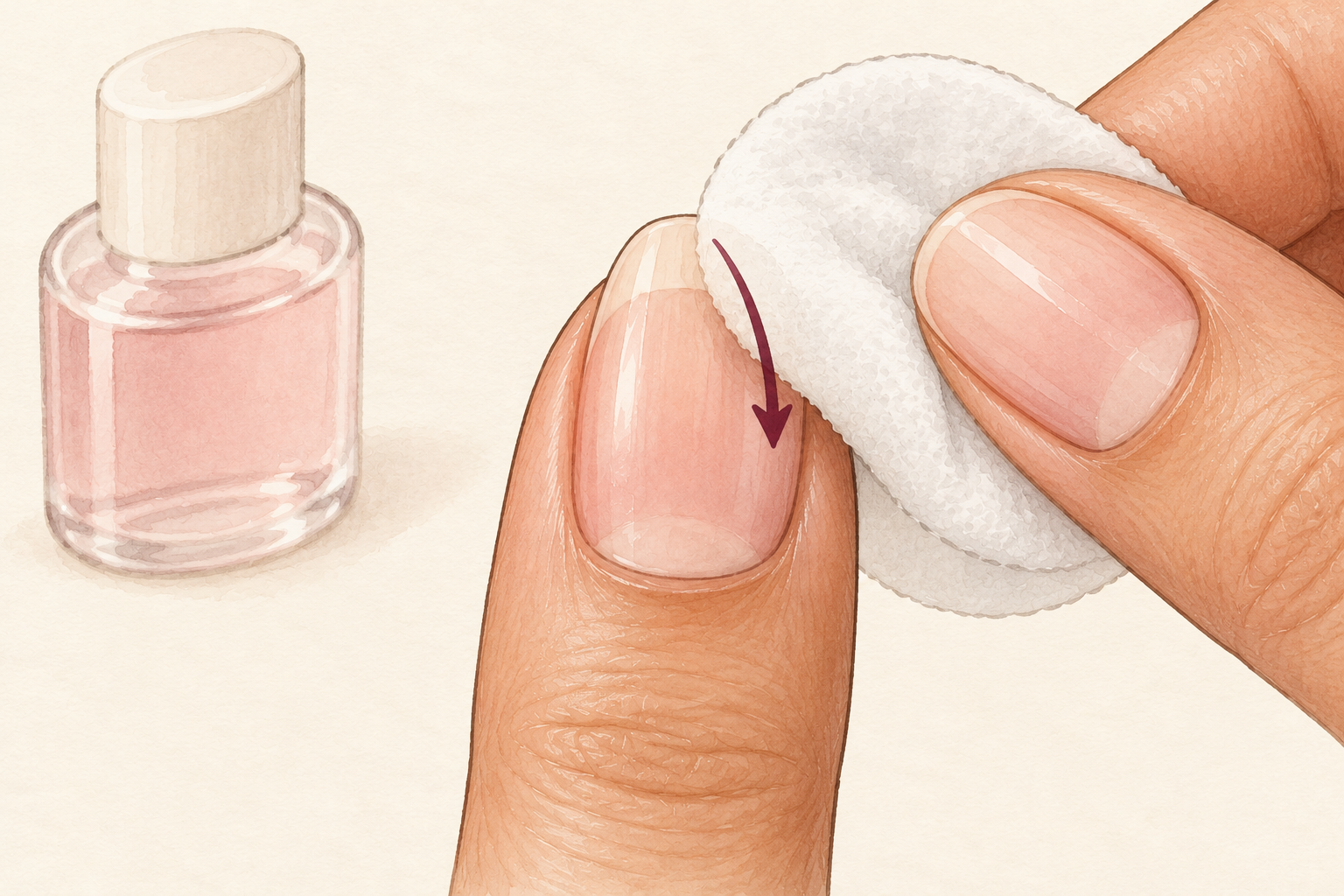 A cotton pad wipes a bare natural nail with remover before painting.
