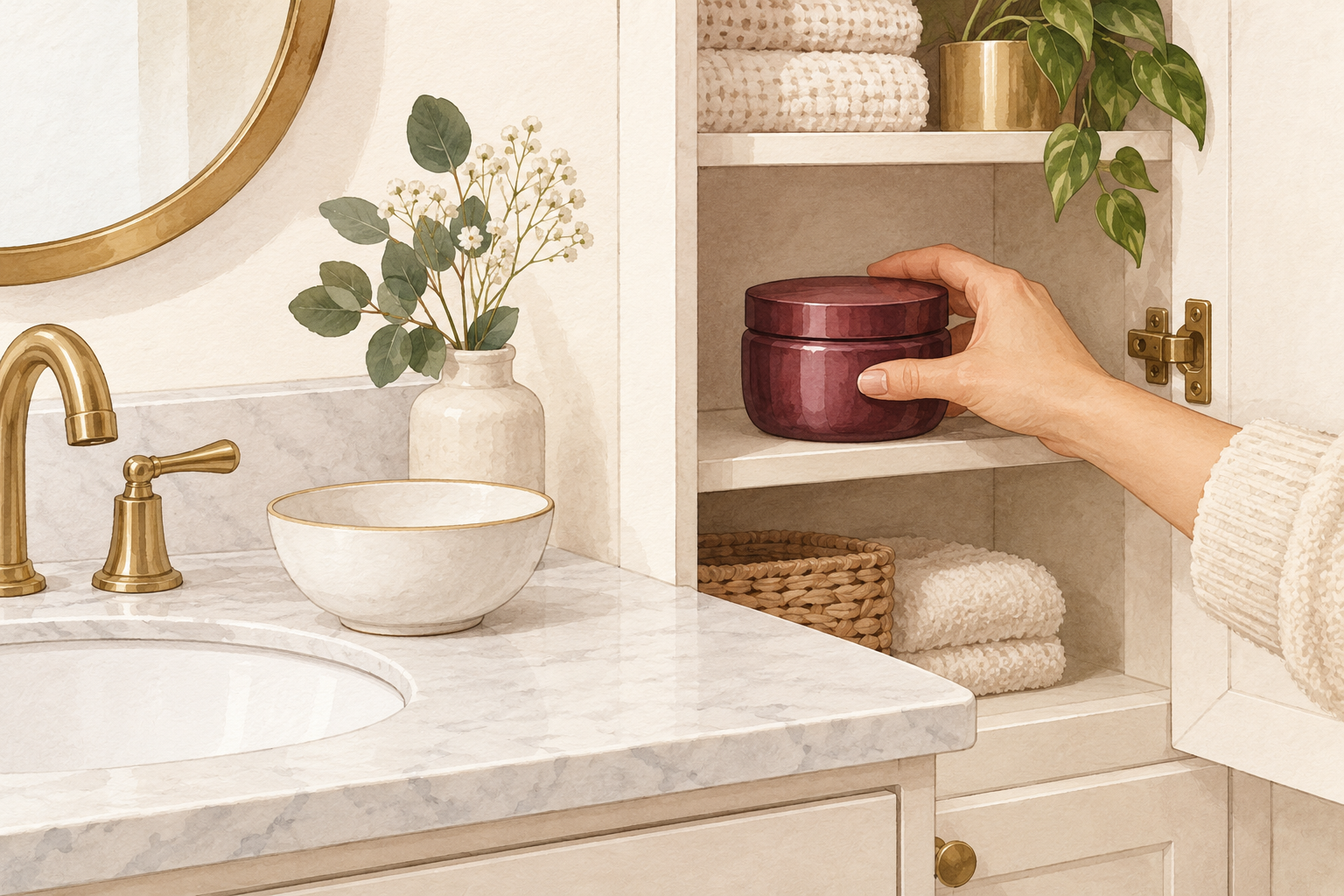 A hand places a closed, unlabelled jar on a bathroom shelf beside a sink.