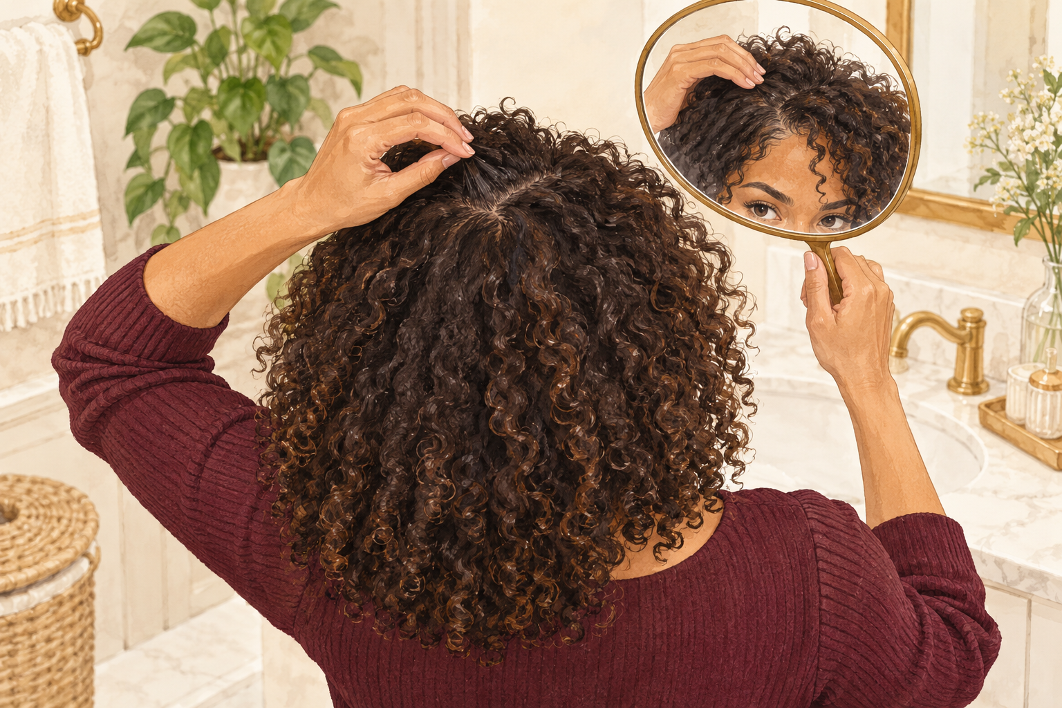 A fully clothed woman checks the crown of her dry curls in a hand mirror and lifts one flat root section.
