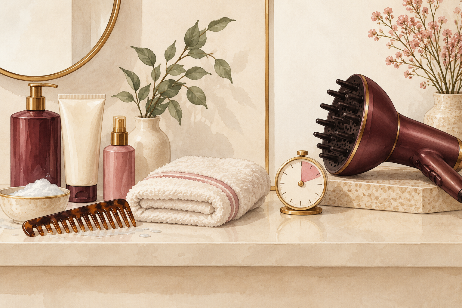 A numberless timer sits beside a folded towel, wide-tooth comb, hair products and a diffuser.