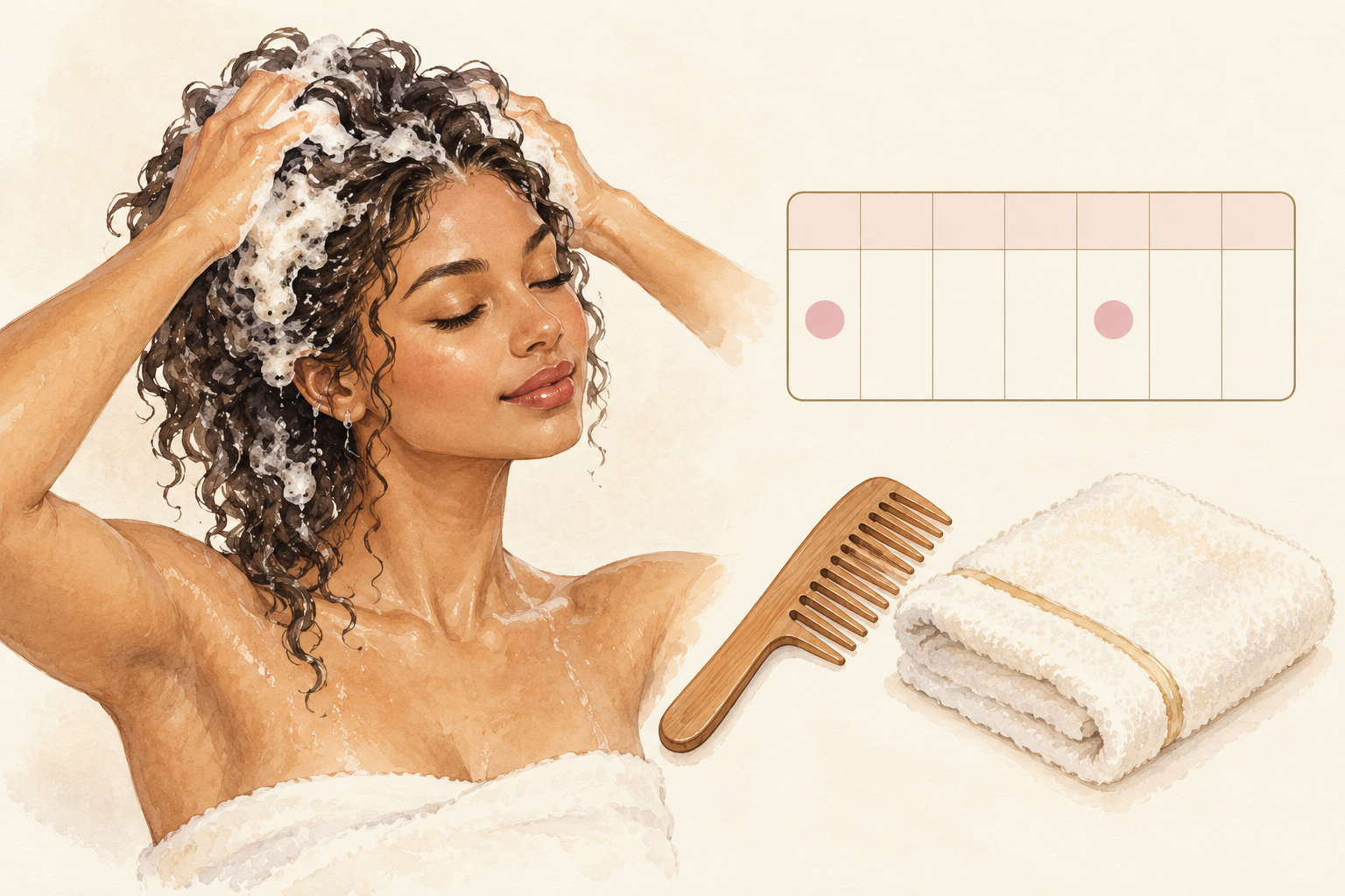 A seven-column calendar with two dots sits beside a woman shampooing her hair.