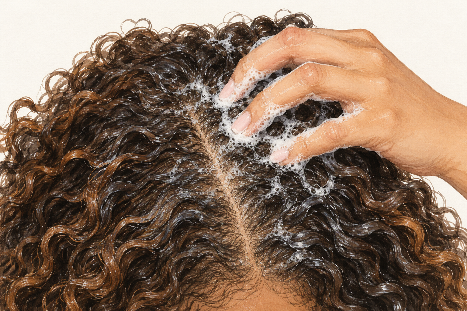 Finger pads massage shampoo foam into a parted scalp.
