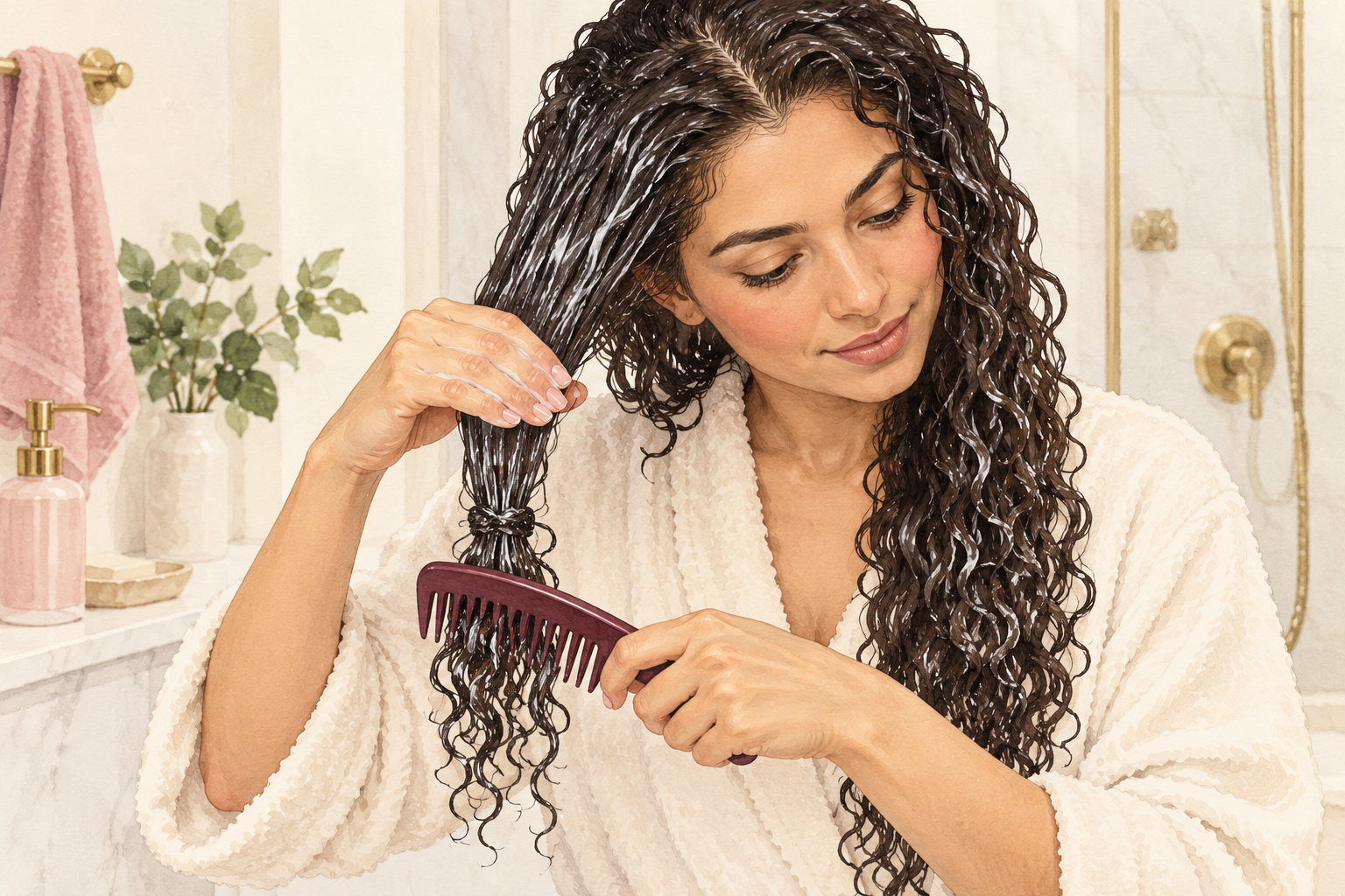 A woman combs through wet curls while her other hand supports the section above the comb.