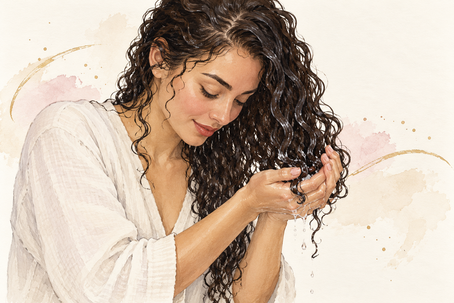 Two hands cup and scrunch dripping curls upward.