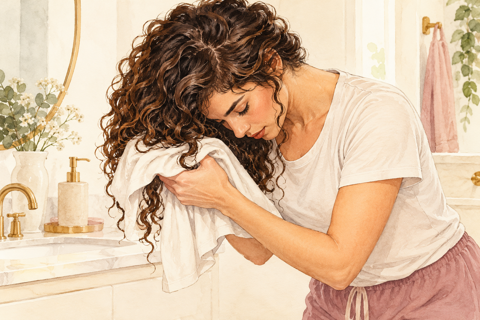 A woman tips her head forward and presses damp curls upward with a cotton T-shirt.