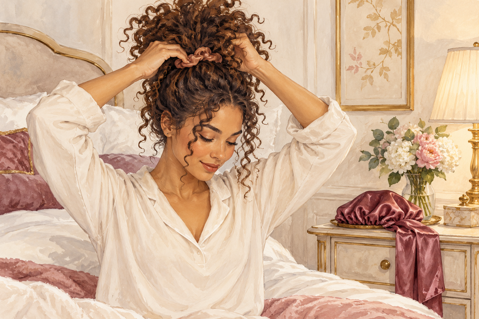 A woman gathers curly hair loosely high on her head beside a satin scarf.