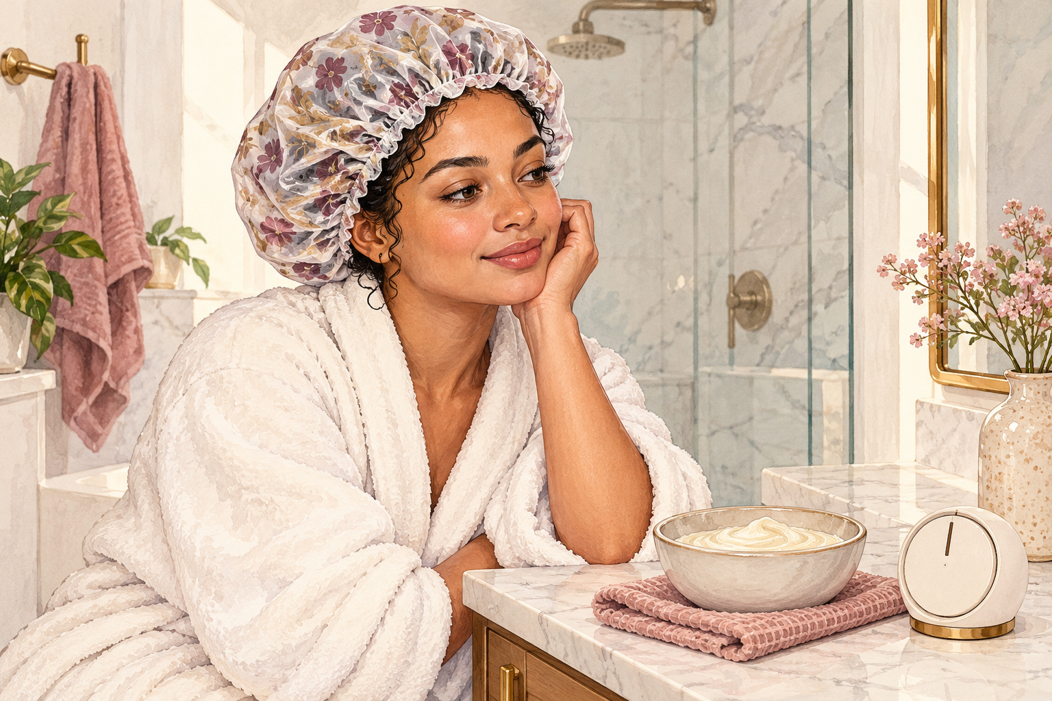 A woman in a shower cap sits beside a bowl of conditioner and a numberless timer.