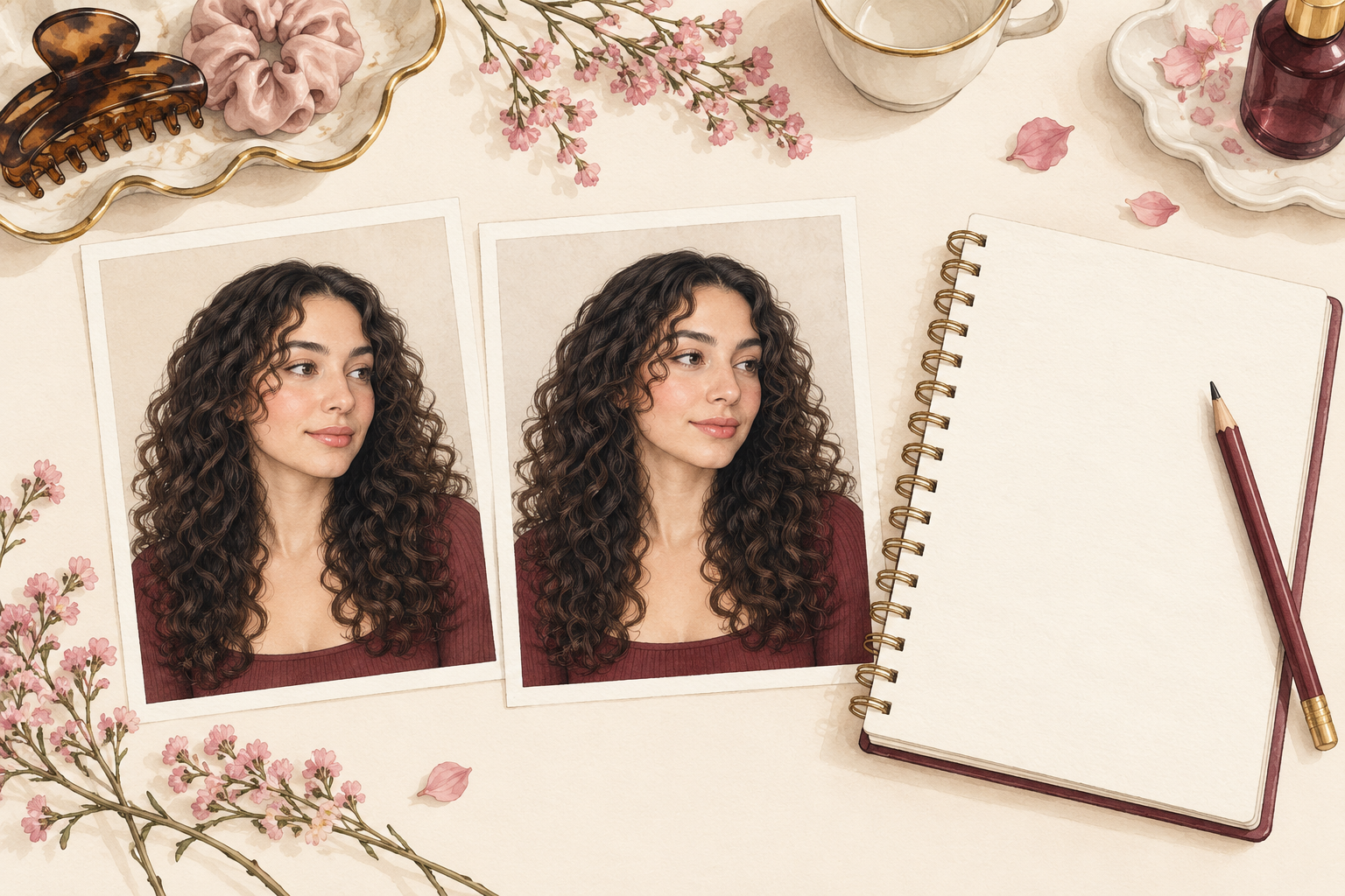 Two similar curly-hair portraits sit beside a blank notebook and pencil.