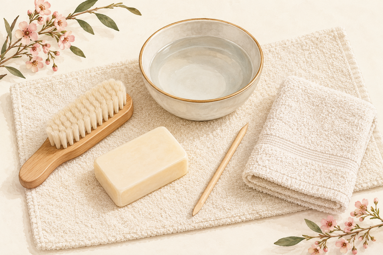 A soft nail brush, mild soap, blunt wooden orange stick, towel, and small water bowl are arranged together.