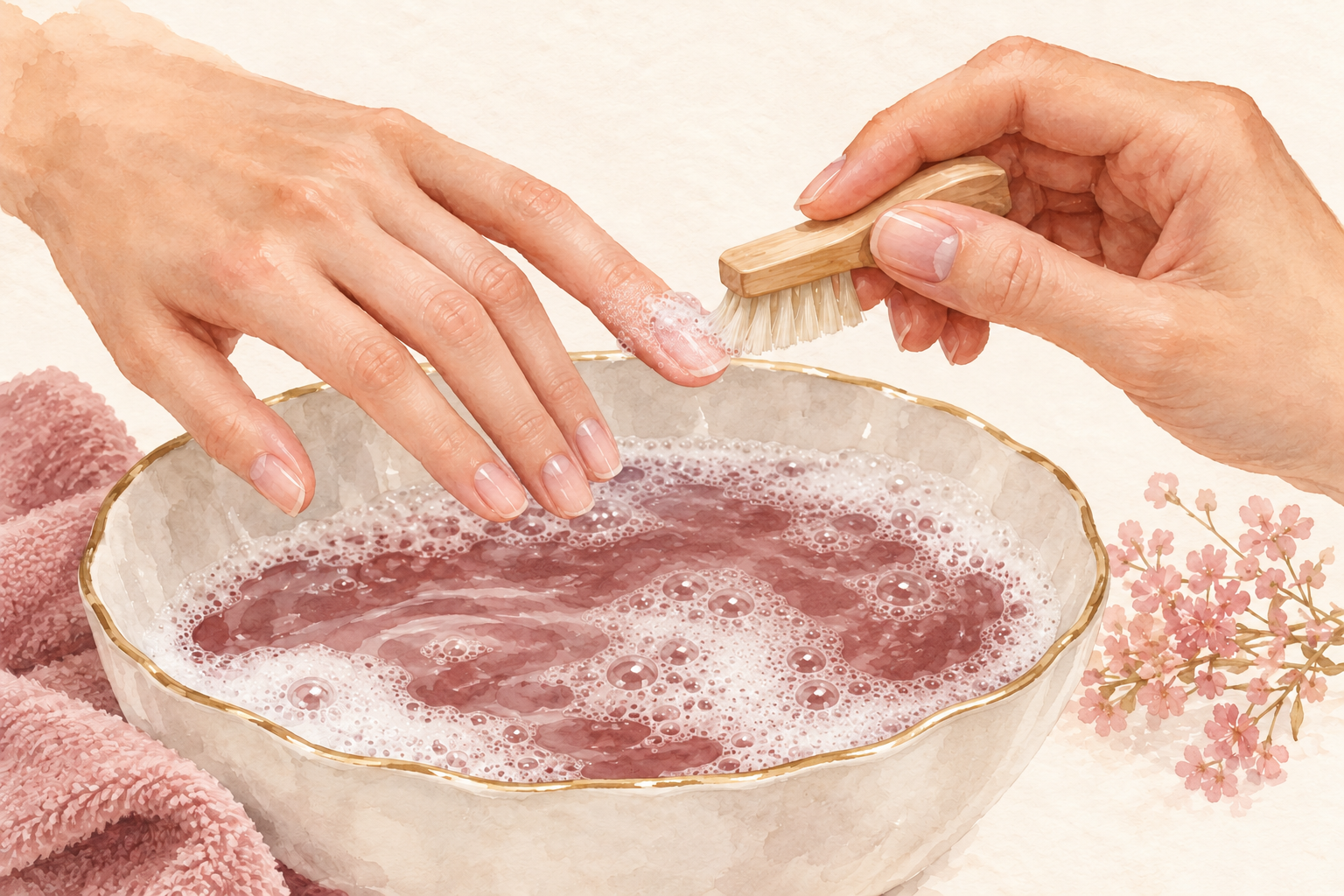 A soft nail brush makes a light soapy stroke across one natural nail above a small basin.
