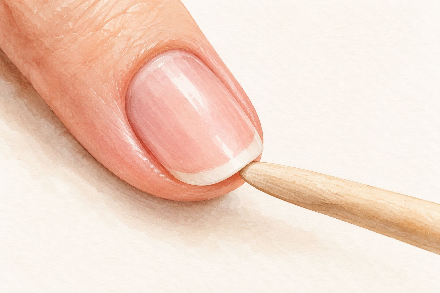 A rounded wooden orange stick is positioned beneath the white free edge of a natural nail.