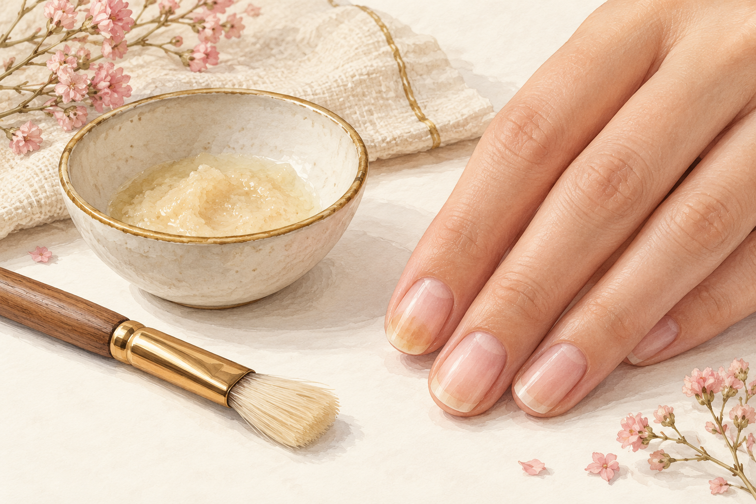 A small bowl of pale paste and a soft brush sit beside an intact natural nail with a subtle surface stain.