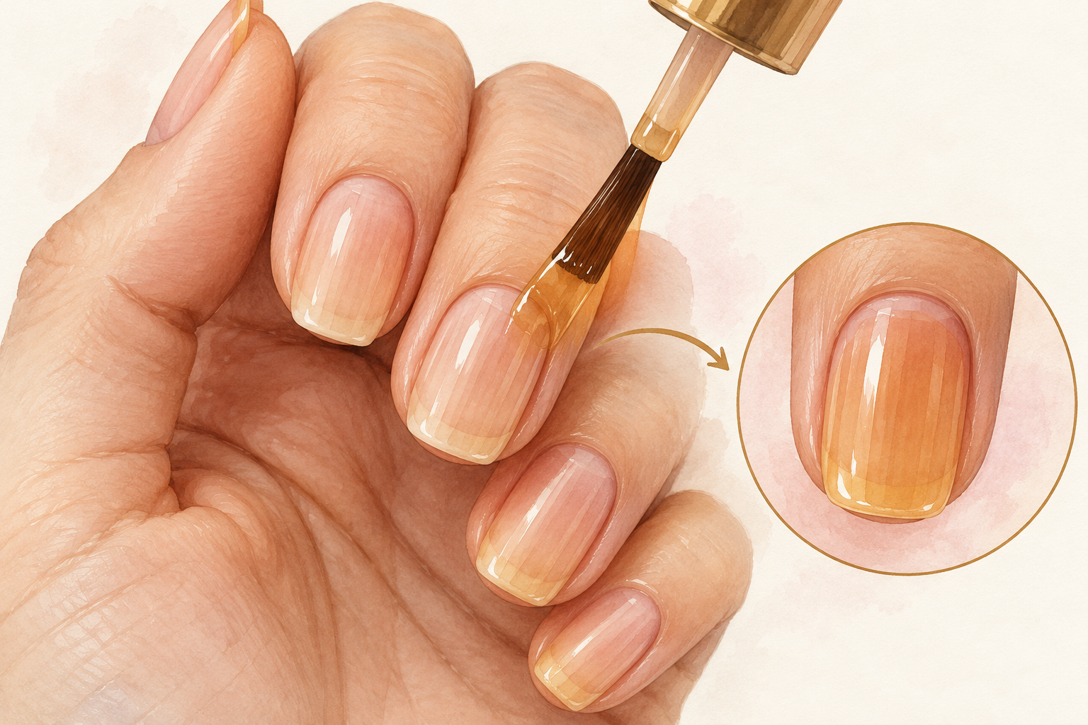 A thin sheer amber coat is brushed onto a natural nail, with a second translucent layer shown in an inset.