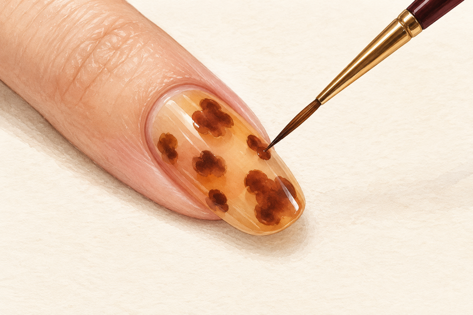 A detail brush taps irregular chestnut brown spots onto a sheer amber natural nail.