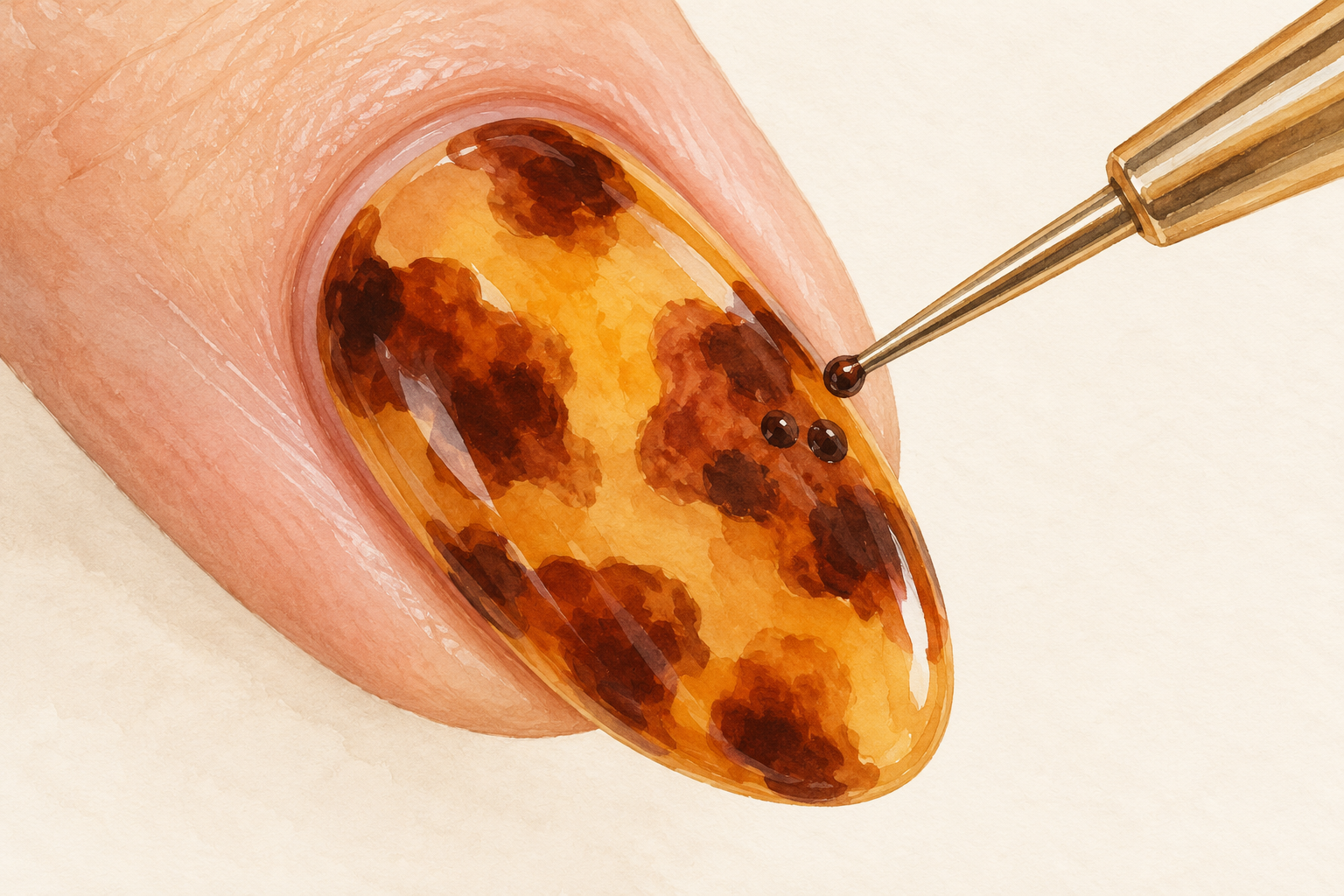 A fine dotting tool places tiny espresso accents within brown patches on a sheer amber nail.