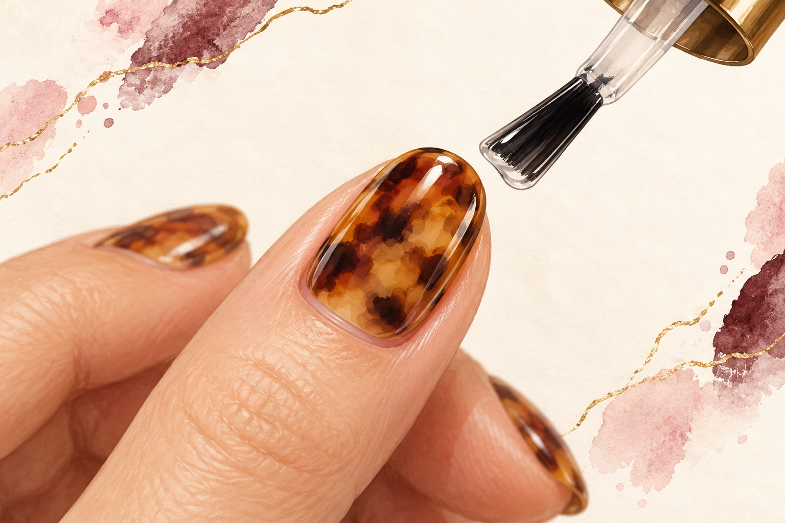 A clear top-coat brush floats over a glossy amber-and-brown tortoise-shell nail.