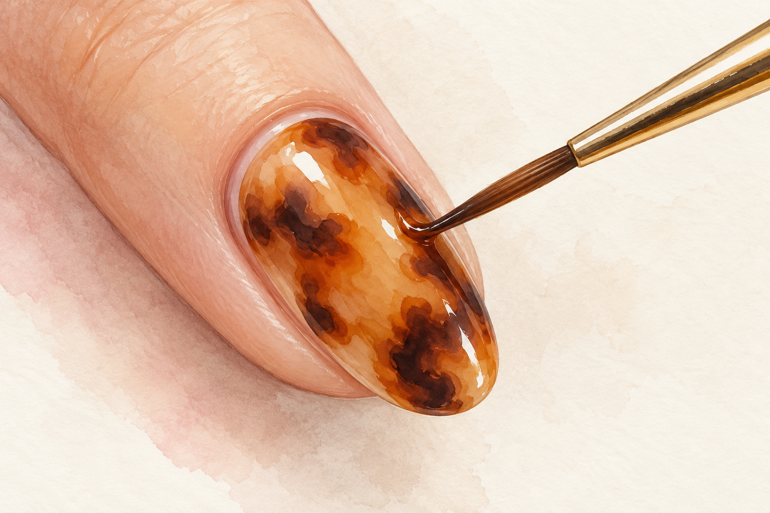 A small detail brush gently smooths a minor amber streak on a tortoise-shell nail.