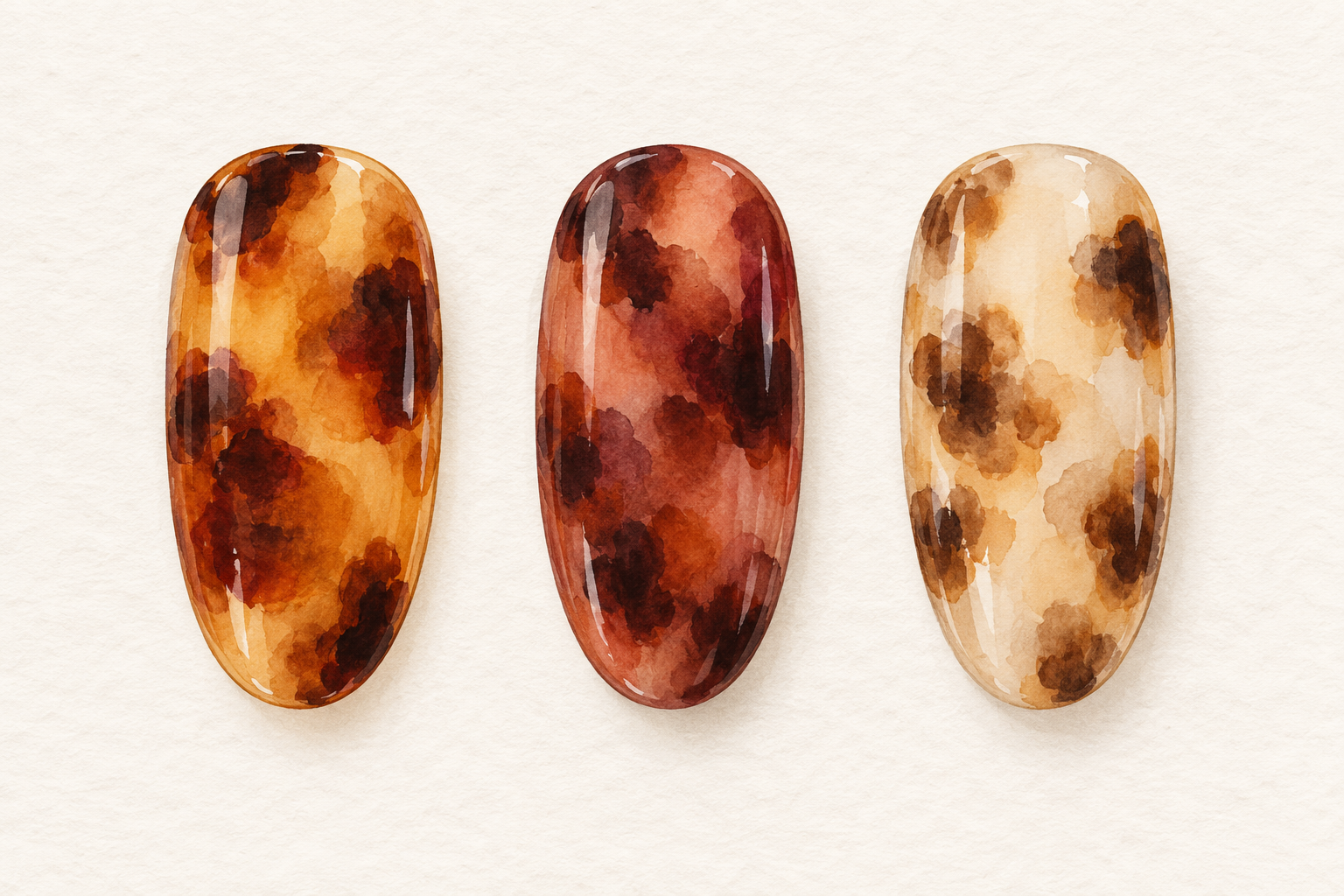 Three tortoise-shell nail tips show amber, red-brown, and pale beige color palettes.
