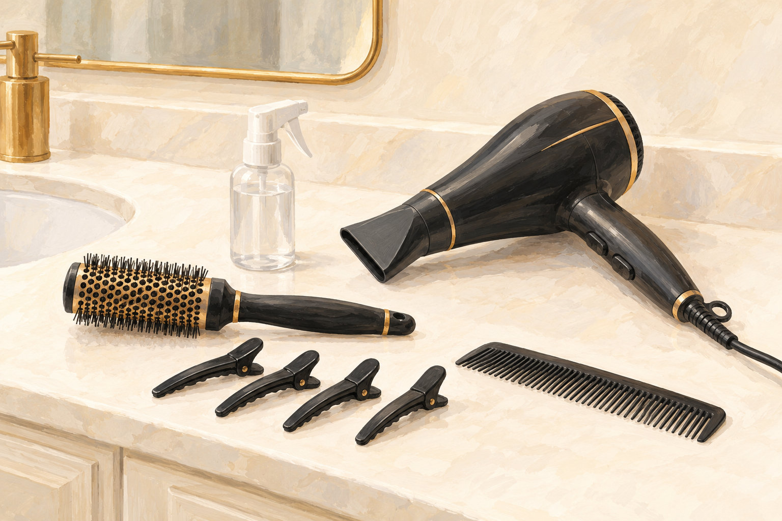 A hair dryer with a slim nozzle, round brush, four section clips and comb arranged on a counter.